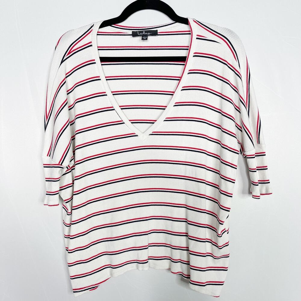 Lulus Starting Line Ivory Striped Oversized V Neck Tee Medium M Ribbed Red Black